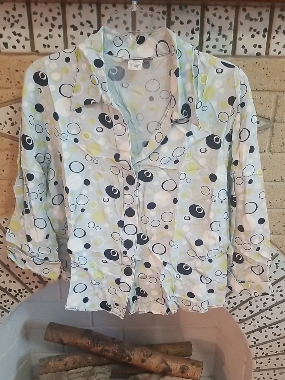 Dress Barn Light Blue, Black and Yellow Polka Dot Button-Down Shirt
